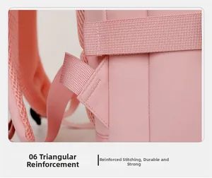 Detail of pink waterproof backpack with reinforced triangular stitching for durability