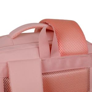 Nahaufnahme des rosa wasserabweisenden Oxford-Rucksacks mit atmungsaktivem Mesh und Griff