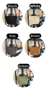 Collage of canvas crossbody bags in black, white, grey, brown, and green with metal snaps