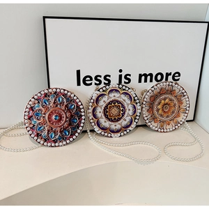 Women Bohemian Mandala Round Crossbody Bag Artificial Pearl Edge Detail Cotton Linen Shoulder Bag With Artificial Pearl Chain Strap Party Handbag