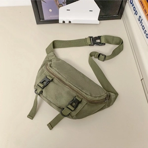 Army green canvas crossbody bag with adjustable nylon strap and plastic buckles