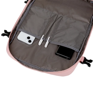 Detailansicht der rosa Rucksack-Innenausstattung mit Taschen und grauem Futter
