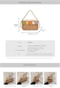Detail of bohemian straw handbag with crochet flowers and elegant pearl handle