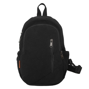 Minimalist black canvas crossbody chest bag with multiple zippers and orange side tag