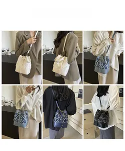 Collage of quilted bucket bags in various colors shown on model in cafe setting