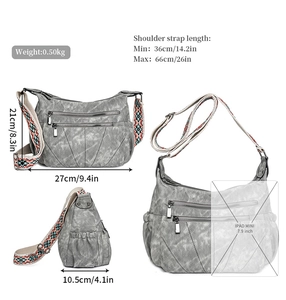 Detail view of washed PU leather crossbody bag with ethnic strap and size specifications