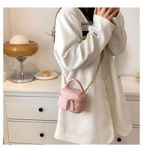 Detail of a pink quilted mini vanity bag with a gold chain strap and dual zippers