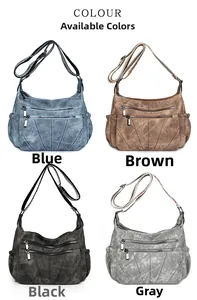 Detail view of large PU crossbody bags with multiple pockets in four different color options