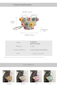 Detailed size specifications and material info for floral linen crossbody bag