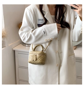 Quilted mini crossbody bag with gold chain strap and dual zippers in soft beige PU leather