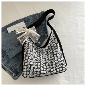 Floral Lace Embroidery Canvas Shoulder Bag For Women Sweet Ribbon Bow Large Capacity Tote Hobo Bag Summer Casual Handbag