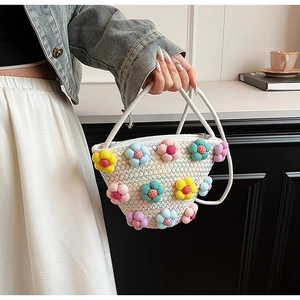 Summer Woven Cotton Linen Shoulder Bag For Women Sweet 3D Floral Small Bucket Bag Crossbody Handbag Casual Travel Purse