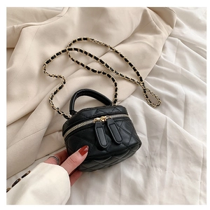 Classic black quilted PU leather mini crossbody bag with gold chain and top handle