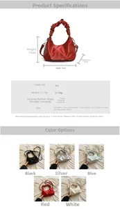 Detailed size chart and specifications for the pleated PU leather crossbody bag