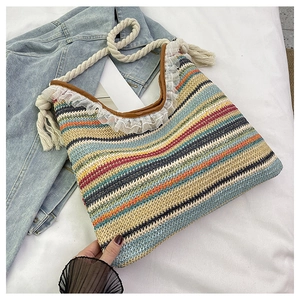 Summer Woven Tote Bag For Women Fashion Lace Trim Shoulder Bag Casual Cotton Rope Handle Rainbow Striped Handbag Vacation Beach Bag