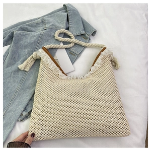 Summer woven hobo bag in cream white with lace trim and thick cotton rope handle