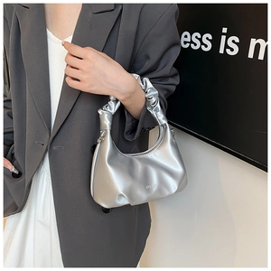 Women Minimalist PU Leather Shoulder Bag With Ruched Handle Crescent Hobo Bag Trendy Solid Color Handbag For Daily Party