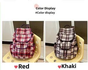 Detailed comparison of red and khaki plaid nylon backpacks with classic flap design