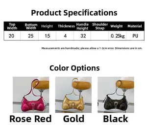 Detailed size specifications and three color variants of the Y2K PU studded handbag