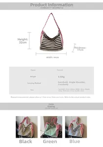 Detailed size chart and specifications for the large striped canvas tote bag with straps