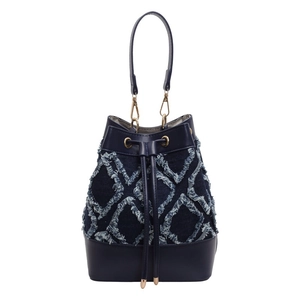 Quilted denim drawstring bucket bag in dark blue with leather trim and gold hardware