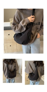 Multiple views showing the black nylon dumpling bag with adjustable shoulder strap