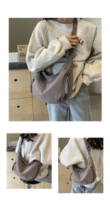 Multiple views of a crescent canvas crossbody bag showing the adjustable strap and zipper