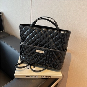 Women Quilted Rhombus Pattern PU Leather Tote Bag Large Capacity Glossy Shoulder Bag Commuter Handbag Solid Color Fashion