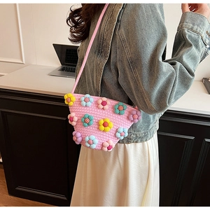 Summer pink woven shoulder bag with 3D colorful floral decorations for women