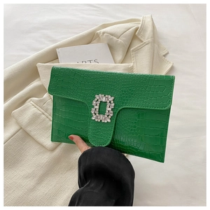 Elegant emerald green crocodile pattern PU leather clutch bag with luxury square crystal buckle