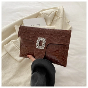 Chic dark brown faux crocodile leather clutch bag with a luxury square crystal buckle