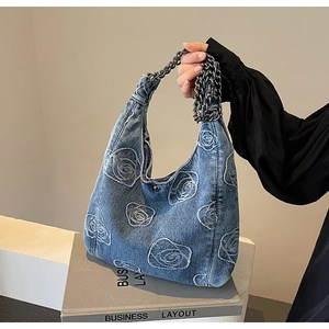 Denim Hobo bag with white rose embroidery and chunky metal chain strap for women