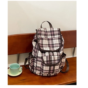 Stylish nylon plaid backpack for women with flap cover and pink check pattern for daily use