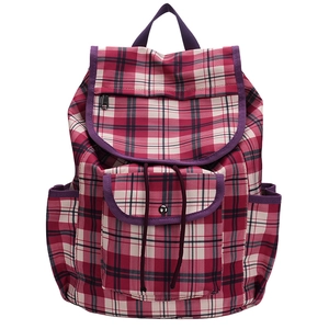 Trendy nylon plaid backpack with vibrant purple trim and multi-pocket functional design