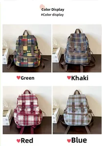 Detail view of plaid tweed backpacks in four colors including green, khaki, red and blue