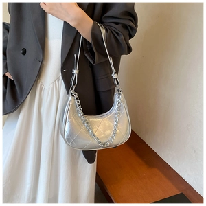 Sac à bandoulière hobo matelassé en similicuir argenté pour femme avec chaîne