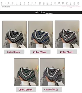 Sparkly rhinestone evening bag with pearl handle and V-pattern design in five vibrant colors