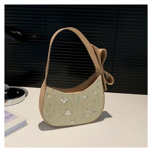 Sac à Épaule en PU et Paille pour Femmes Broderie Florale Sac Hobo Croissant Avec Grand Nœud Papillon Main Minimaliste Urbain