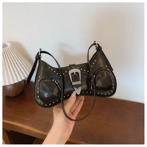 Y2K Metallic PU Leather Shoulder Bag For Women Retro Rivet Buckle Underarm Handbag Trendy Cyberpunk Style Hobo Bag Party Purse