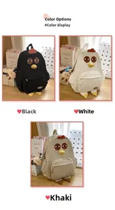 Detailed comparison of cartoon chicken nylon backpacks in black, white and khaki colors