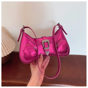Metallic magenta PU leather underarm bag with retro buckles and silver stud details