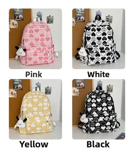 Detailed grid view of nylon backpacks in pink, white, yellow, and black colors