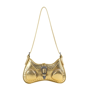Trendy gold PU leather shoulder bag with silver rivets and vintage buckle detailing