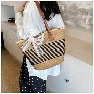 Detail of straw tote bag featuring delicate lace edges and a floral lace bow decoration