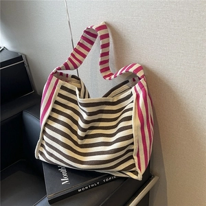 Women Large Capacity Contrast Stripe Canvas Tote Bag Fashion Versatile Shoulder Bag Casual Summer Beach Handbag