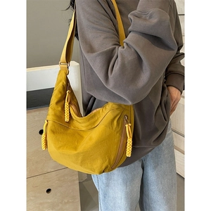 Casual mustard yellow nylon crescent crossbody bag with multi-pocket functional design