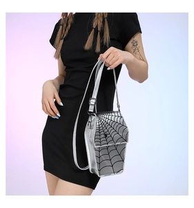 Gothic silver coffin cross-body bag featuring a spider web print on shiny PU leather