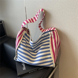 Summer canvas tote bag with blue and pink striped design for casual shoulder carry
