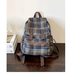 Vintage Plaid Woolen Backpack For Women Preppy Style Checkered School Bag Large Capacity Multi Pocket Travel Daypack Bag