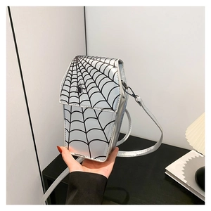 Silver coffin shaped PU crossbody bag with gothic spider web print and slim shoulder strap